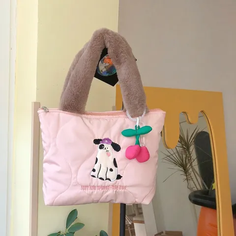 Süße Damen Gesteppte Handtasche Mit Tierstickerei Und Weichem Plüschgriff Herzmuster Kleine Tote Casual Lunchtasche