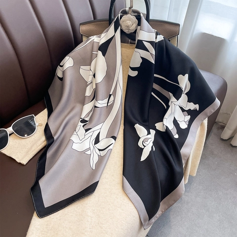 Elegant Vintage Floral Print Satin Square Scarf Women Light Luxury High End Faux Silk Shawl Soft Polyester Twill Wrap Scarf