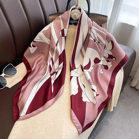 Elegant Vintage Floral Print Satin Square Scarf Women Light Luxury High End Faux Silk Shawl Soft Polyester Twill Wrap Scarf