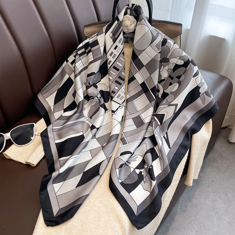 Elegant Geometric Floral Print Large Square Scarf Polyester Satin Like Twill Retro Fashion Shawl