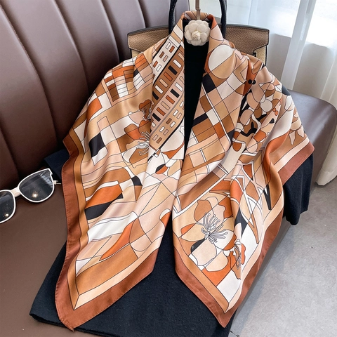 Elegant Geometric Floral Print Large Square Scarf Polyester Satin Like Twill Retro Fashion Shawl