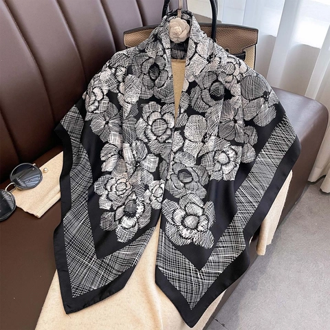Elegante Pañuelo Cuadrado Para Mujer Estampado Flores Camelia Sarga Poliéster Tacto Satén Chal Grande Foulard De Moda