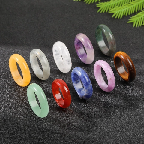 Natural Crystal Stone Ring Band Colorful Agate Amethyst Tiger Eye Quartz Simple Polished Finger Ring For Women Jewelry Gift