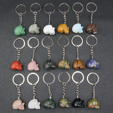 Natural Stone Skull Keychain Hand Carved Crystal Agate Ghost Head Pendant Key Ring Punk Gothic Halloween Jewelry Accessories