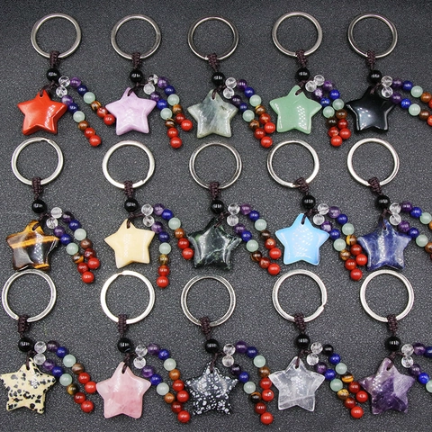 Natural Stone Star Keychain With 7 Chakra Beads Healing Crystal Star Pendant Keychain For Women Bag Charm Jewelry Gift