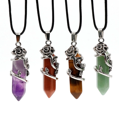 Vintage Natural Stone Hexagonal Prism Pendant Necklace Metal Rose Flower Wrap Gothic Crystal Jewelry Gift For Women
