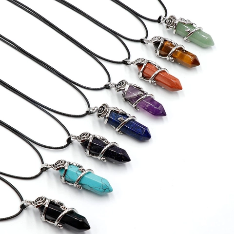 Vintage Natural Stone Hexagonal Prism Pendant Necklace Metal Rose Flower Wrap Gothic Crystal Jewelry Gift For Women