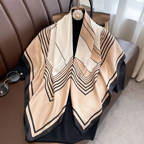 Elegante Foulard Quadrato Da Donna Stampa Geometrica Twill Di Poliestere Sensazione Raso Scialle Moda Versatile
