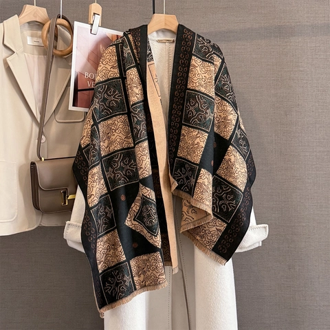Sciarpa Scialle Vintage A Quadri Imitazione Cashmere Jacquard Caldo Inverno Avvolgente Con Frange Per Donna Elegante