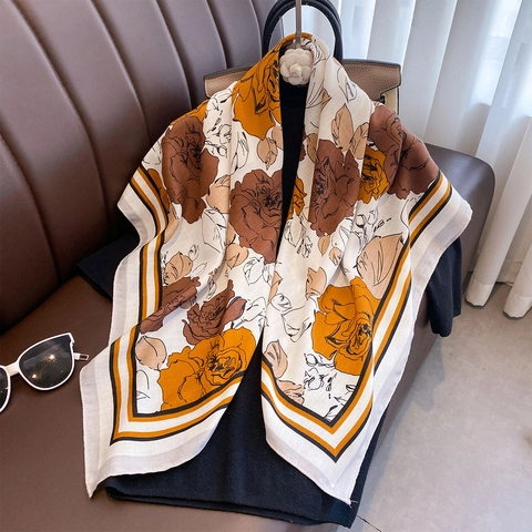 Grote Vierkante Sjaal Met Rozenbloemenprint Polyester Satijn Satijn Omslagdoek Elegante Franse Stijl Voor Dames