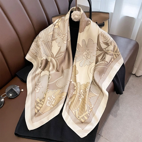 Vintage Floral Print Square Scarf Smooth Satin Polyester Twill Shawl For Women French Style Elegant Headscarf