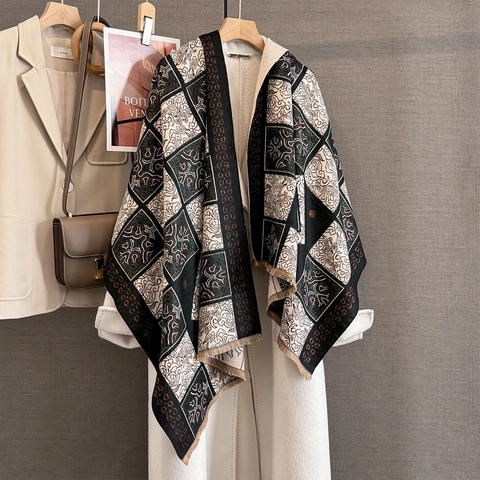 Sciarpa Scialle Vintage A Quadri Imitazione Cashmere Jacquard Caldo Inverno Avvolgente Con Frange Per Donna Elegante