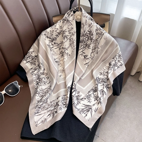 Large Square Scarf Polyester Satin Like Bamboo Print Ink Painting Vintage Elegant Head Hair Neck Wrap For Women