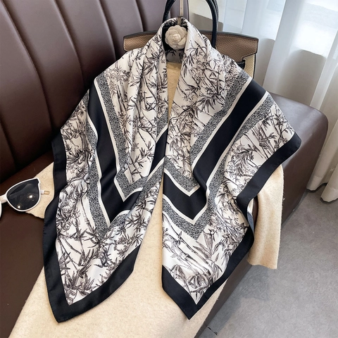 Large Square Scarf Polyester Satin Like Bamboo Print Ink Painting Vintage Elegant Head Hair Neck Wrap For Women