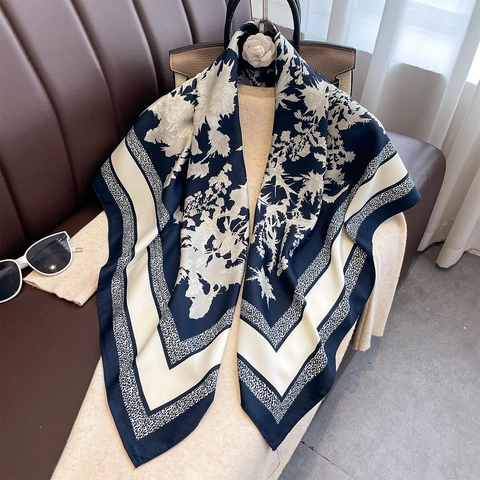 Vintage Floral Print Large Square Scarf Polyester Satin Satin Feel Neck Head Scarf For Women Lightweight Shawl
