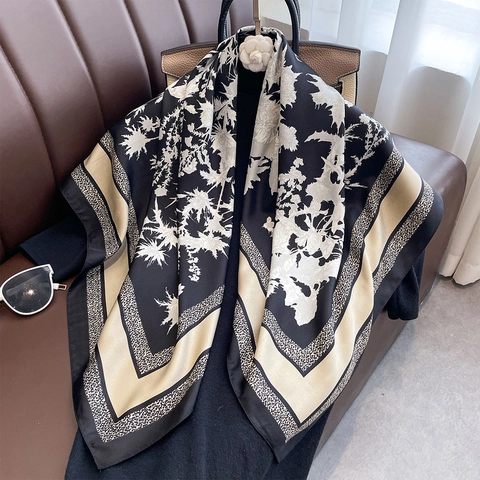 Vintage Floral Print Large Square Scarf Polyester Satin Satin Feel Neck Head Scarf For Women Lightweight Shawl