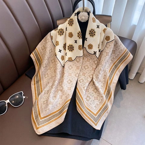 Vintage Floral Print Satin Square Scarf For Women Large Elegant Polyester Shawl Wrap Sun Protection Fashion Hair Scarf Neck Kerchief
