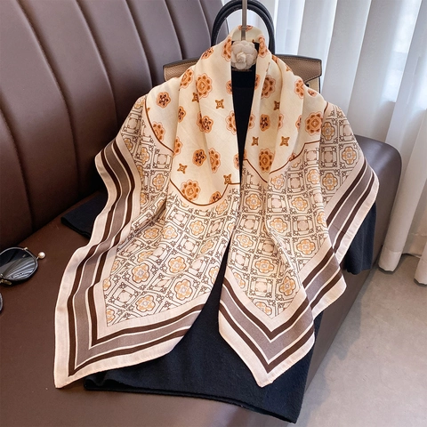 Vintage Floral Print Satin Square Scarf For Women Large Elegant Polyester Shawl Wrap Sun Protection Fashion Hair Scarf Neck Kerchief