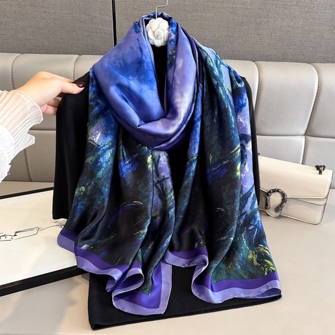 Women Artistic Oil Painting Print Faux Satin Scarf Long Satin Shawl Elegant Wrap Impressionist Flower Pattern
