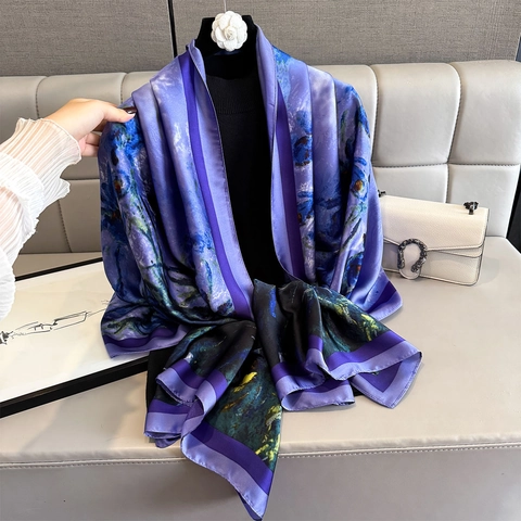Women Artistic Oil Painting Print Faux Satin Scarf Long Satin Shawl Elegant Wrap Impressionist Flower Pattern