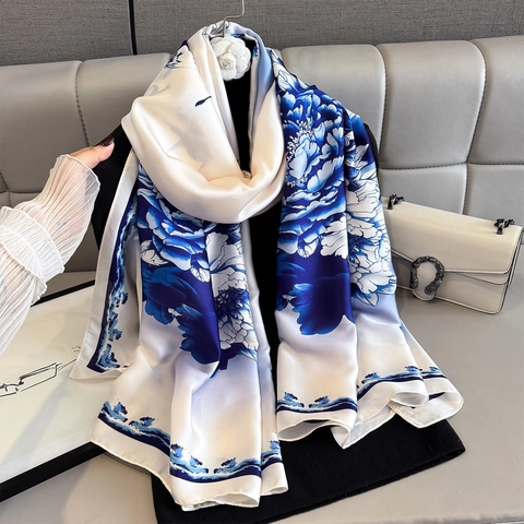 Scialle Lungo Sciarpa Da Donna Raso Raso Artificiale Stampa Peonia Onda Elegante Vintage Leggero