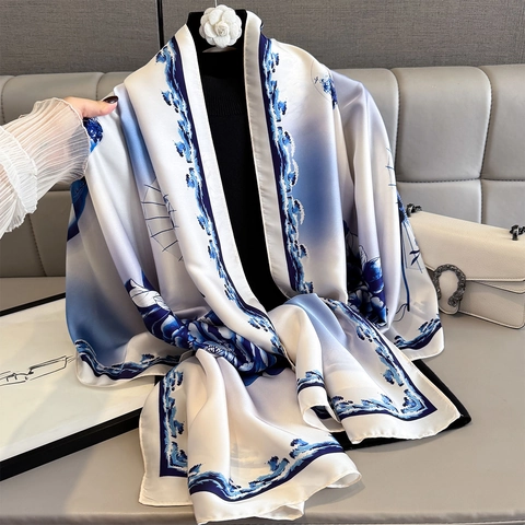Scialle Lungo Sciarpa Da Donna Raso Raso Artificiale Stampa Peonia Onda Elegante Vintage Leggero