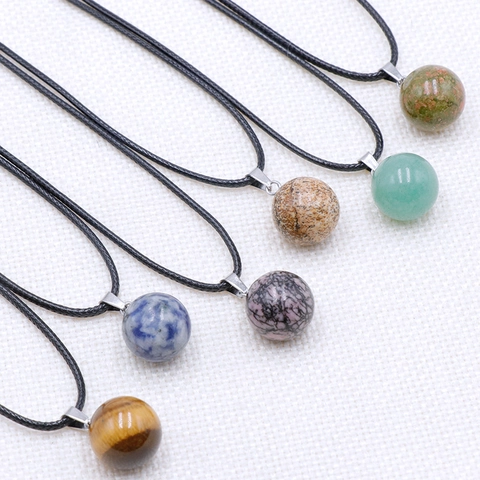 Natural Crystal Round Ball Pendant Necklace Tiger Eye Aventurine Stone Jewelry For Women Simple Black Cord Neck Jewelry