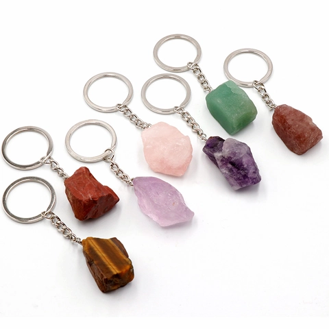 Natural Raw Stone Keychain Irregular Crystal Mineral Pendant Tiger Eye Rose Quartz Amethyst Lapis Lazuli Healing Key Ring Gift