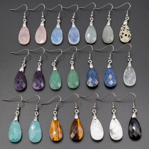 Faceted Teardrop Natural Stone Crystal Dangle Hook Earrings Amethyst Rose Quartz Tiger Eye Healing Jewelry For Women