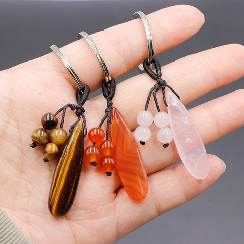 Portachiavi con Goccia d'Acqua in Pietra Naturale Occhio di Tigre Quarzo Rosa Agata Rossa Corda Intrecciata Pendente per Borsa Auto