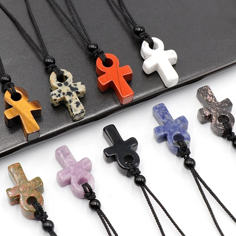 Natural Crystal Agate Egyptian Ankh Cross Pendant Necklace Hand Woven Wax Rope Gemstone Healing Spiritual Ethnic Jewelry Gift