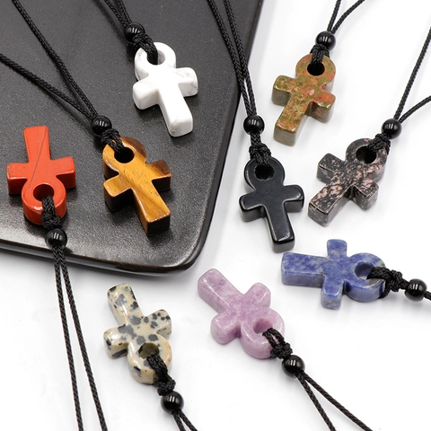 Natural Crystal Agate Egyptian Ankh Cross Pendant Necklace Hand Woven Wax Rope Gemstone Healing Spiritual Ethnic Jewelry Gift