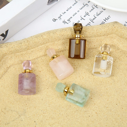 Collar de Colgante de Botella de Perfume de Cristal Natural Amatista Cuarzo Rosa Difusor de Aceites Esenciales Joyería Minimalista Mujer