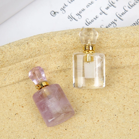 Collar de Colgante de Botella de Perfume de Cristal Natural Amatista Cuarzo Rosa Difusor de Aceites Esenciales Joyería Minimalista Mujer