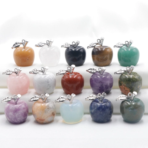 Natural Stone Apple Pendant Gemstone Crystal Fruit Shape With Silver Metal Leaf For DIY Jewelry Necklace