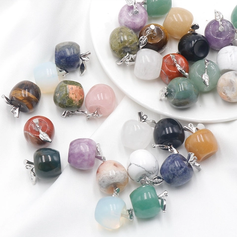 Natural Stone Apple Pendant Gemstone Crystal Fruit Shape With Silver Metal Leaf For DIY Jewelry Necklace