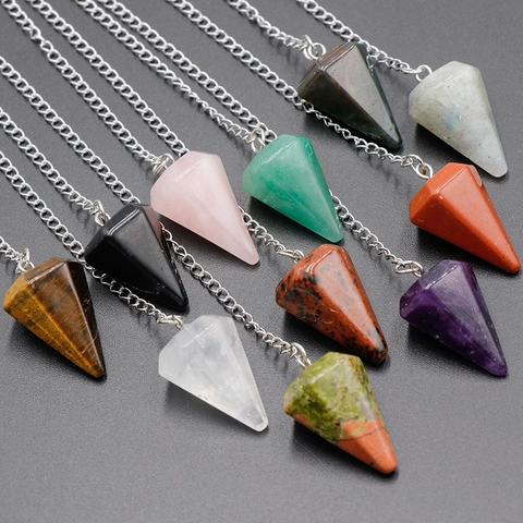 Colgante de Péndulo de Cristal Natural Cono Hexagonal para Adivinación Meditación Sanación Amatista Cuarzo Rosa Piedra Ojo de Tigre Accesorio Joyería