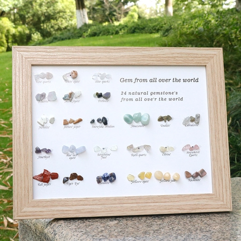 Spécimens Minéraux de Cristal Naturel et d'Agate Cadre en Bois Pierres Gemmes pour Collection Éducative Décoration de Bureau