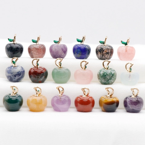 Apfelform Naturstein Anhänger Kristall Edelstein Frucht Charm Mit Goldlegierung Blatt Für DIY Schmuck Halskette Machen