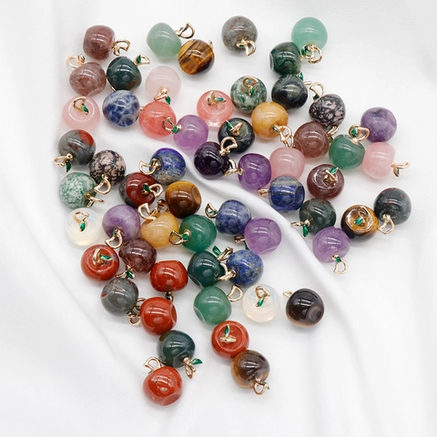 Apfelform Naturstein Anhänger Kristall Edelstein Frucht Charm Mit Goldlegierung Blatt Für DIY Schmuck Halskette Machen