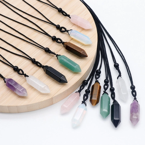 Collana Con Pendente A Punta Esagonale In Cristallo Naturale Ametista Quarzo Rosa Pietra Curativa Cordino Nero Regolabile