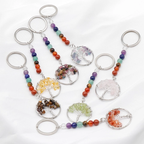 Natural Crystal Tree of Life Keychain Multicolor Chakra Beads Handmade Wire Wrapped Stone Bag Pendant Accessory Jewelry