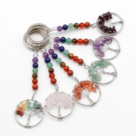 Natural Crystal Tree of Life Keychain Multicolor Chakra Beads Handmade Wire Wrapped Stone Bag Pendant Accessory Jewelry