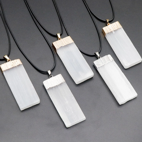 Collar con Colgante de Cristal de Selenita Natural Pilar Rectangular Piedra en Bruto Borde Chapado en Oro Plata Joyería para Mujer