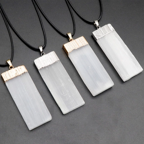 Collar con Colgante de Cristal de Selenita Natural Pilar Rectangular Piedra en Bruto Borde Chapado en Oro Plata Joyería para Mujer