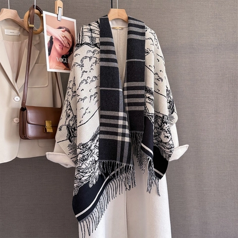 Women Winter Scarf Shawl Imitation Cashmere Double Sided Landscape Print Plaid Jacquard Long Tassel Fringe Wrap