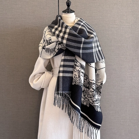 Women Winter Scarf Shawl Imitation Cashmere Double Sided Landscape Print Plaid Jacquard Long Tassel Fringe Wrap