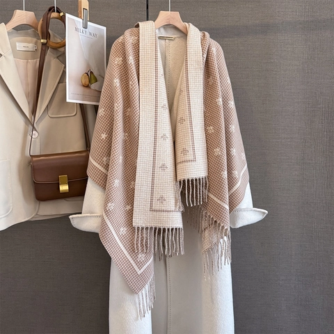 Bee Jacquard Houndstooth Scarf Shawl Imitation Cashmere Thick Warm Winter Tassel Wrap For Women Elegant Long