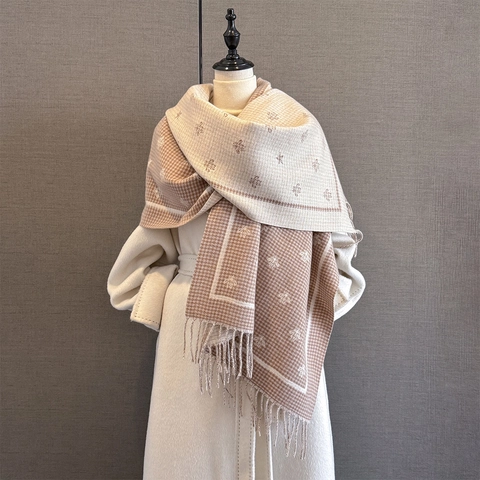 Bee Jacquard Houndstooth Scarf Shawl Imitation Cashmere Thick Warm Winter Tassel Wrap For Women Elegant Long