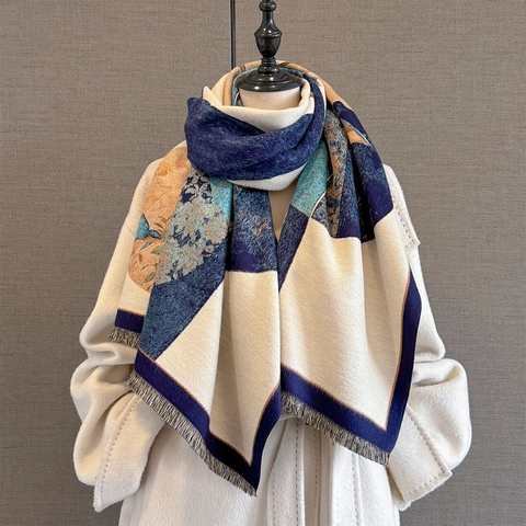 Winter Scarf Shawl Warm Imitation Cashmere Bird Flower Geometric Pattern Jacquard Large Wrap With Tassels Vintage Elegant